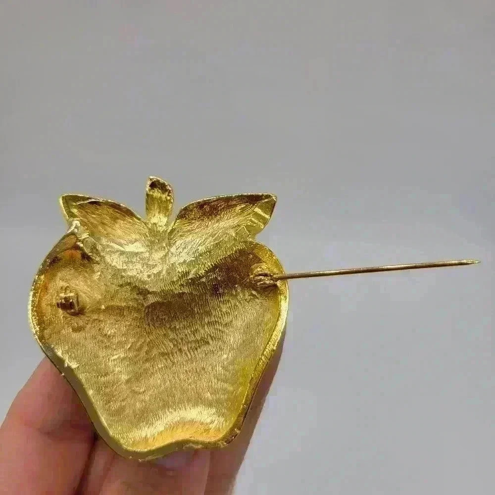 Vintage Red Apple Sweet Plated Gold Enamel & Rhinestone Brooch Lovely - Picture 5 of 9